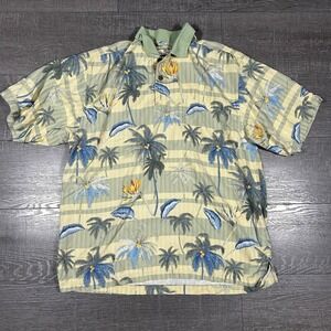 Tommy Bahama Mens Large Silk Polo Shirt Tropical Palm Tree Stripe Sage Green L